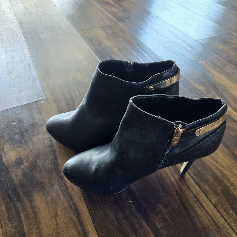 Marc Fisher Black Heeled Boots with Gold Accents